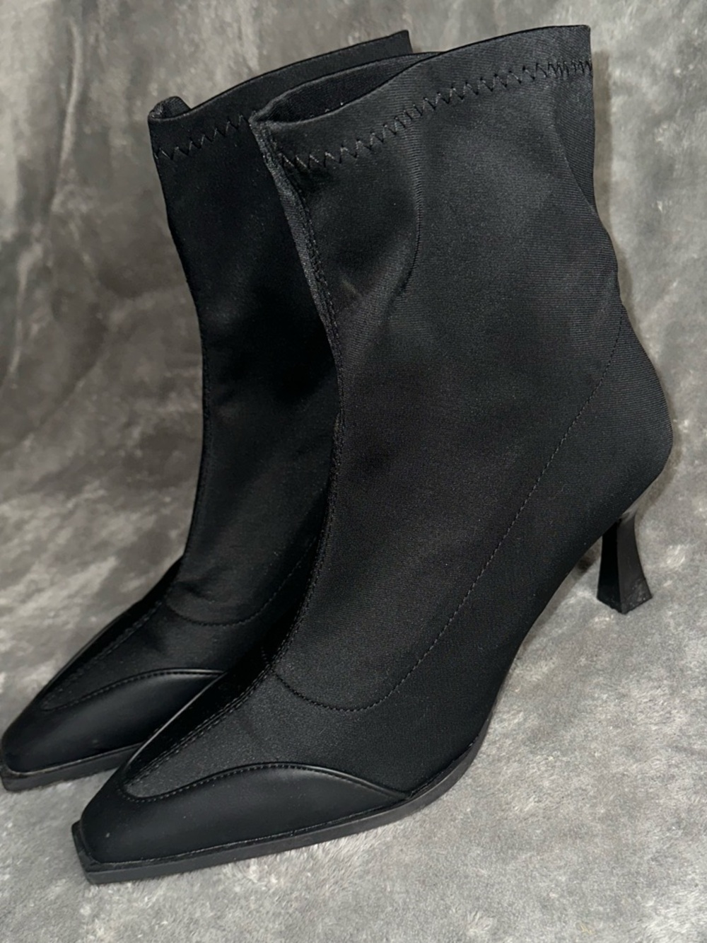 Black Pointed Toe Black Stretch Ankle Satin Sock Booties with Kitten Heel